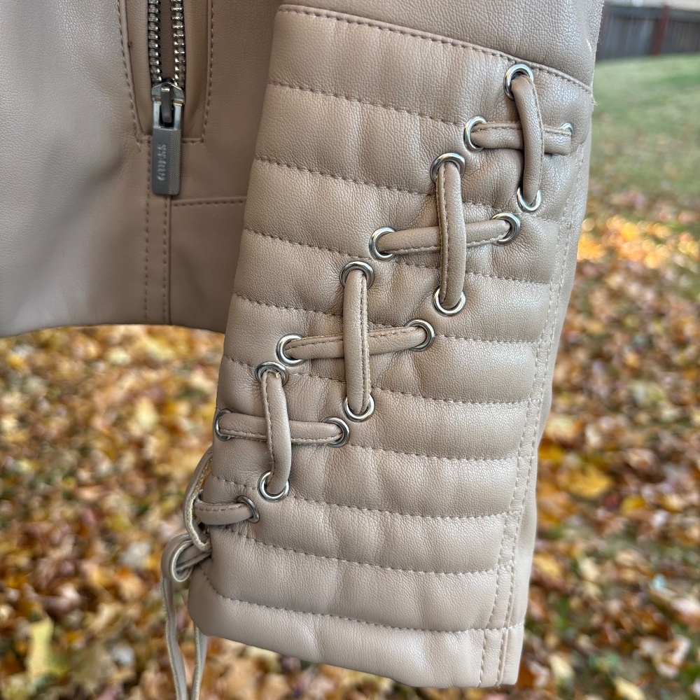 Excellent condition- Beige Faux-Leather Moto Jacket — Quilted Sleeves - Picture 4 of 8